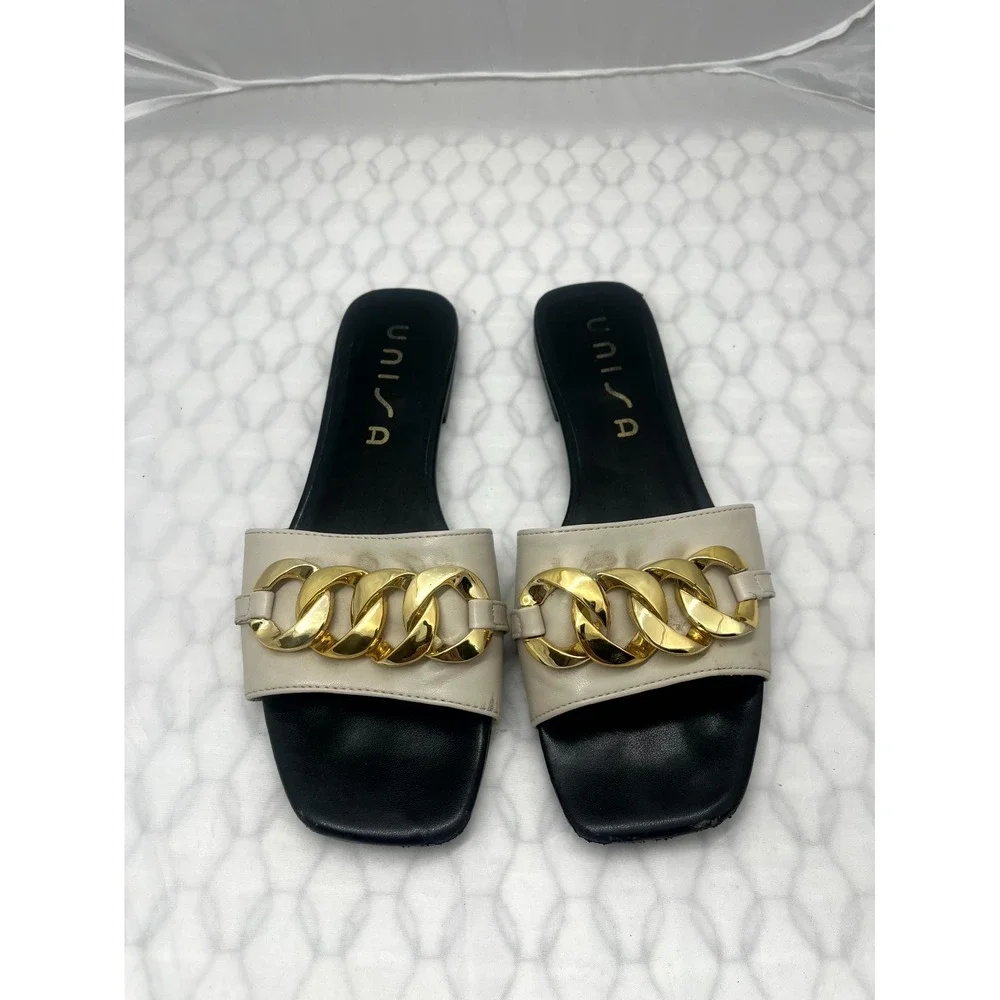 UNISA Women's Slide 8M Beige Gold Chain Faux Leather Square Toe Slip On Sandal